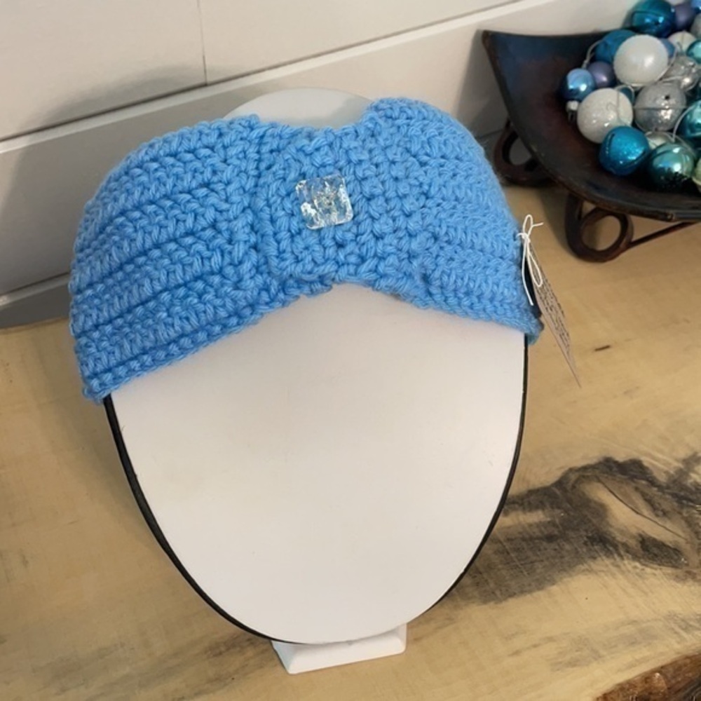 2/$49 Handmade Crocheted Ear Warmer Headband in Light Blue w Sparkle 21.5” Gift